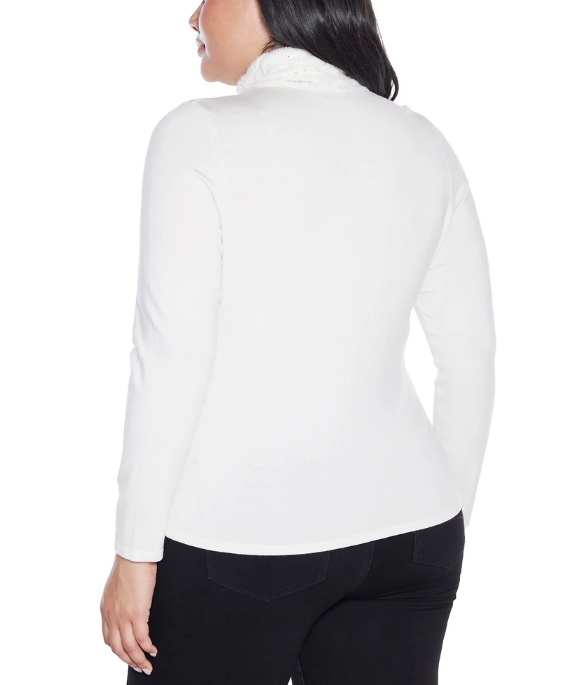 Belldini Plus Black Label Trim Rhinestone-Zip Cardigan Sweater