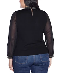 Belldini Plus Black Label Rhinestone-Neckline Chiffon-Sleeve Sweater