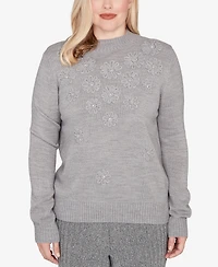 Alfred Dunner Petite Jet Setter Floral Soutache Embroidered Sweater