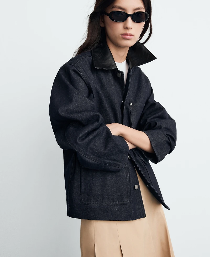 Mango Women's Leather-Effect Collar Denim Jacket