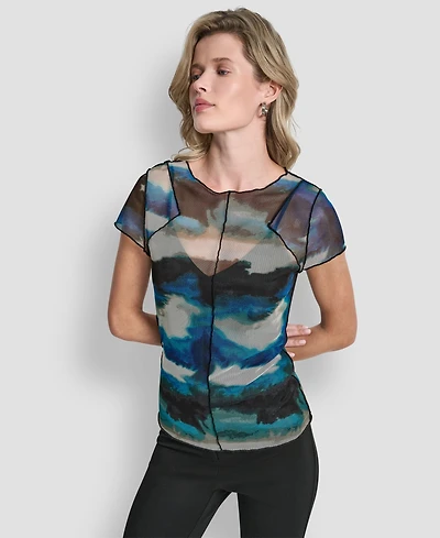 Dkny Women's Printed Mesh Xposd Seam Short Sleeve Top