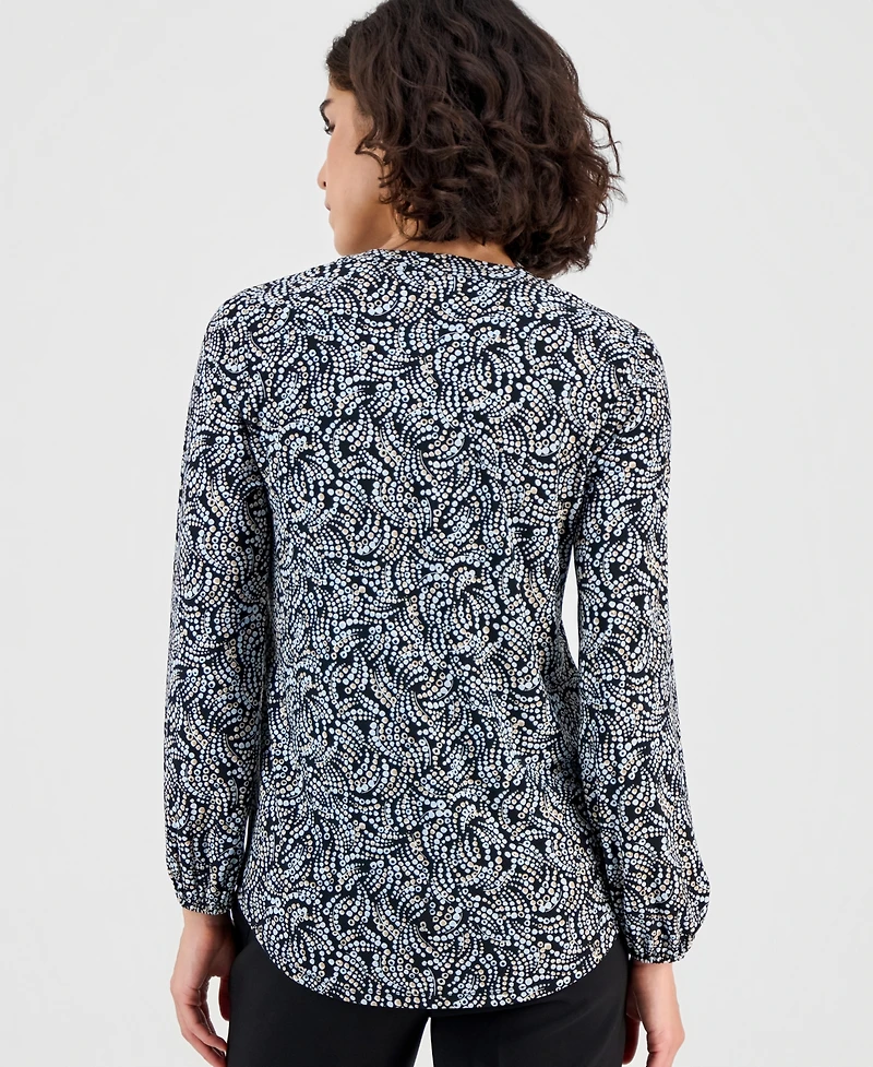 Ak Anne Klein Women's Printed Split-Neck Long-Sleeve Top