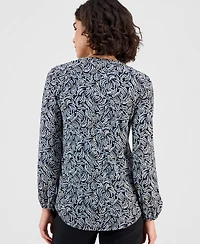 Ak Anne Klein Women's Printed Split-Neck Long-Sleeve Top