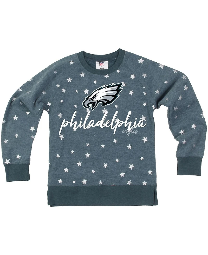 Wes & Willy Big Girls Midnight Green Philadelphia Eagles Shimmer Star Reverse Fleece Pullover Sweatshirt