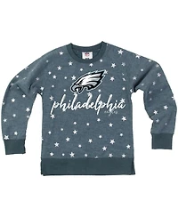 Wes & Willy Big Girls Midnight Green Philadelphia Eagles Shimmer Star Reverse Fleece Pullover Sweatshirt