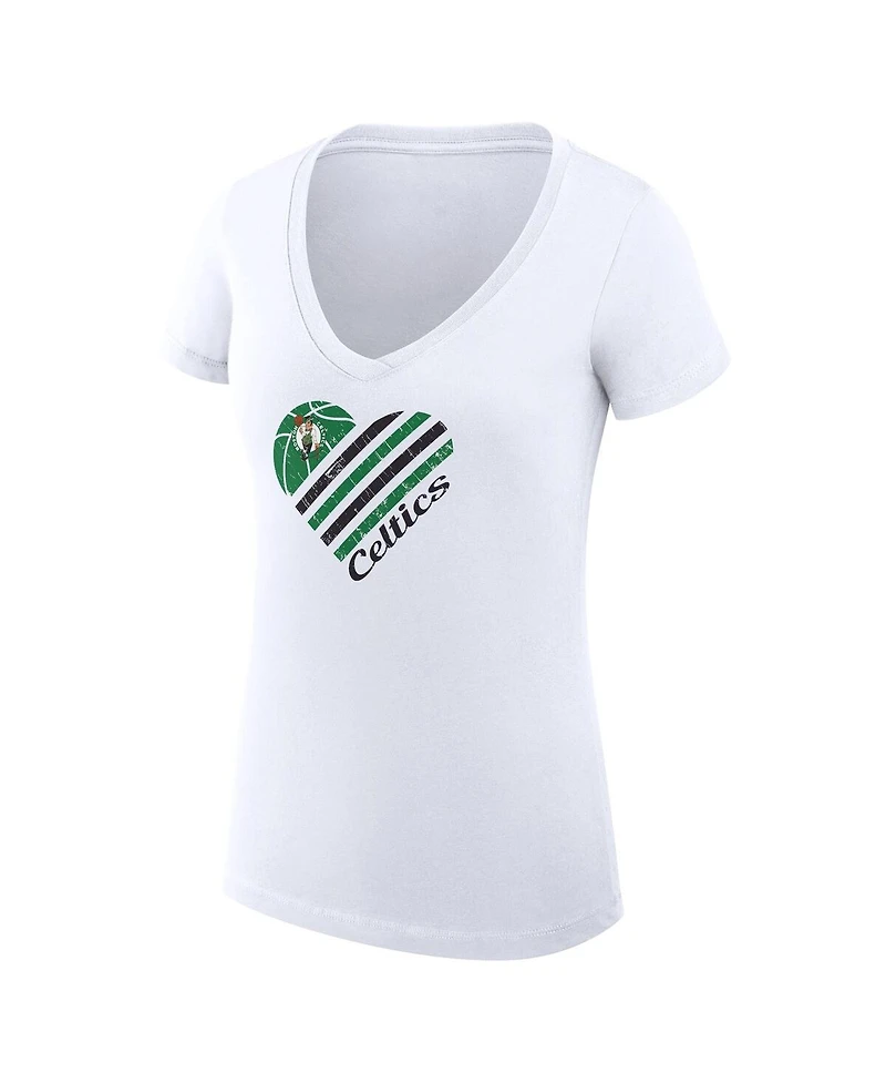 G-iii 4Her by Carl Banks Women's White Boston Celtics Super-Slim Fit Lightweight Heart V-Neck T-Shirt