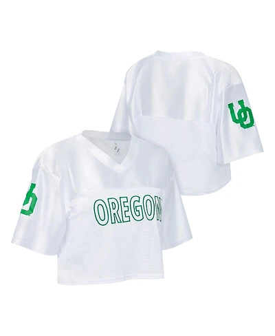 ZooZatz Women's White Oregon Ducks Mesh Cropped V-Neck T-Shirt