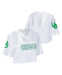 ZooZatz Women's White Oregon Ducks Mesh Cropped V-Neck T-Shirt