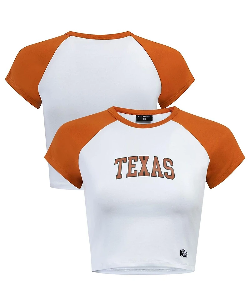 Hype and Vice Women's White/Texas Orange Texas Longhorns Homerun Cropped Raglan T-Shirt