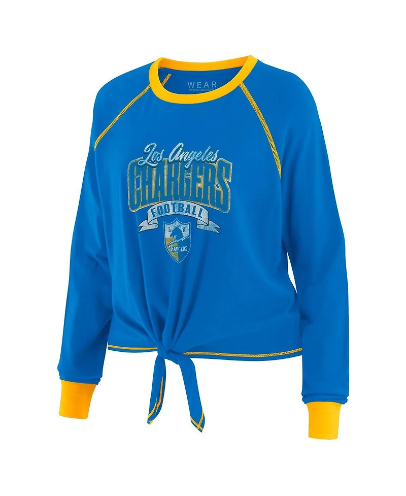 Wear by Erin Andrews Women's Powder Blue/Yellow Los Angeles Chargers Tie-Front Long Sleeve Top