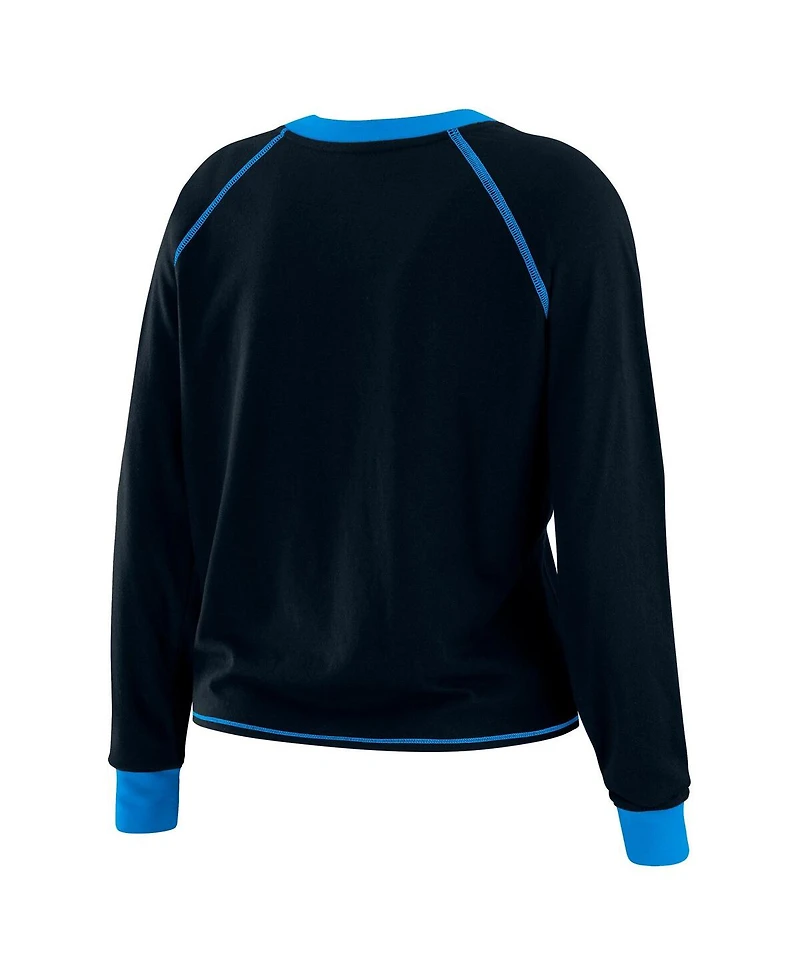 Wear by Erin Andrews Women's Black/Blue Carolina Panthers Tie-Front Long Sleeve Top
