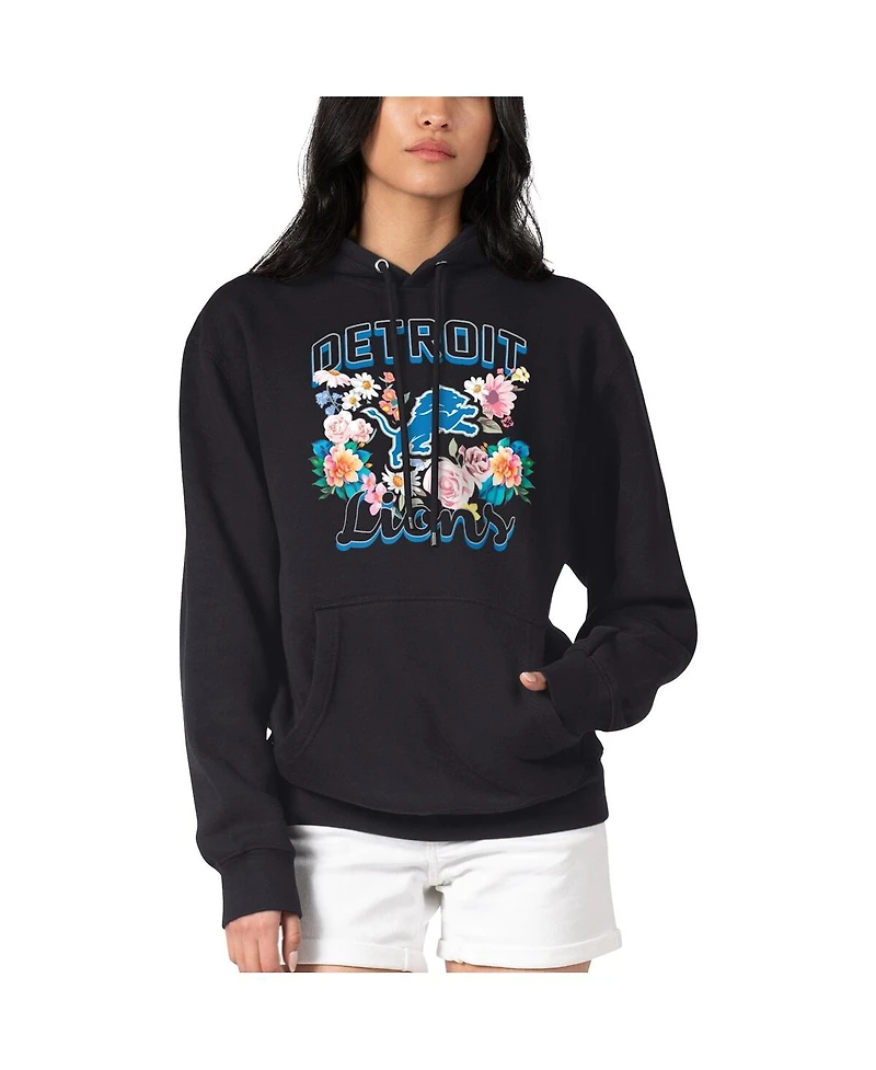 G-iii 4Her by Carl Banks Women's Black Detroit Lions Flowers Team Logo Graphic Fleece Pullover Hoodie