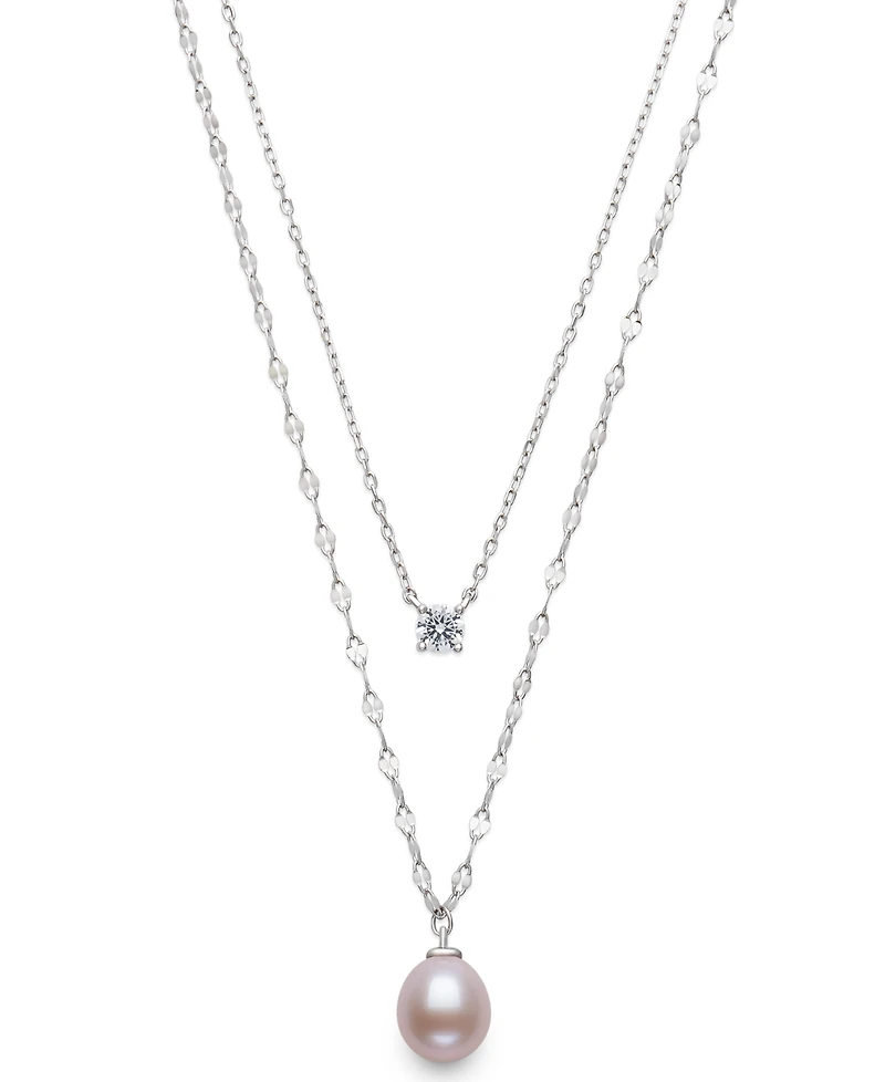 Belle de Mer Freshwater Blush Pink Drop Pearl (8-9mm) and Lab Created Sapphire Necklace in Sterling Silver