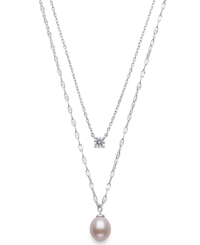 Belle de Mer Freshwater Blush Pink Drop Pearl (8-9mm) and Lab Created Sapphire Necklace in Sterling Silver