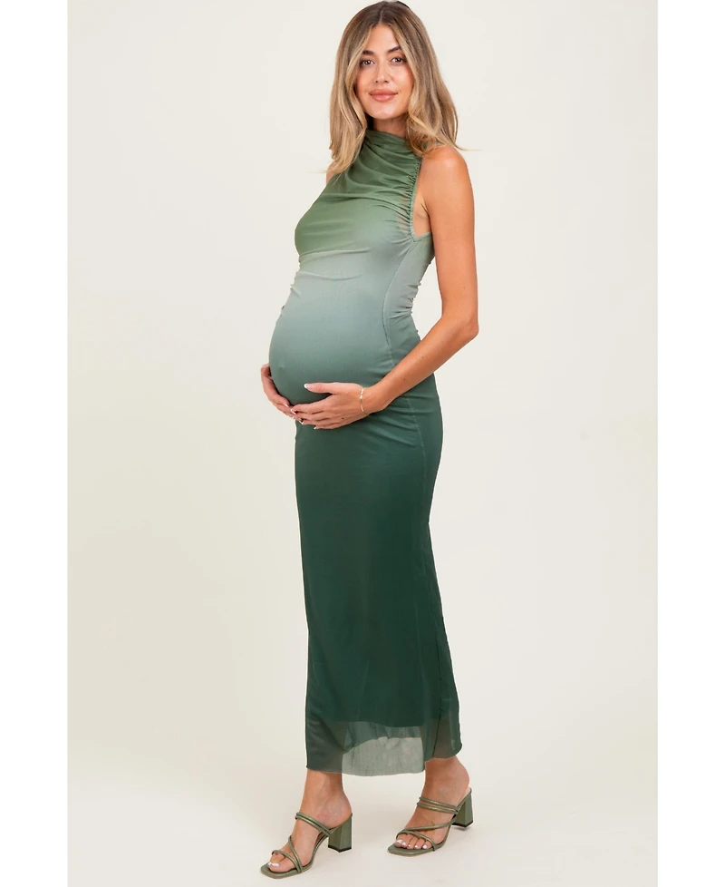 Pinkblush Maternity Forest Green Ombre Mesh Ruched Sleeveless Midi Dress