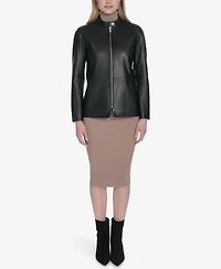 Cole Haan Women's Hand Stitched Detail Stand Collar Leather Jacket
