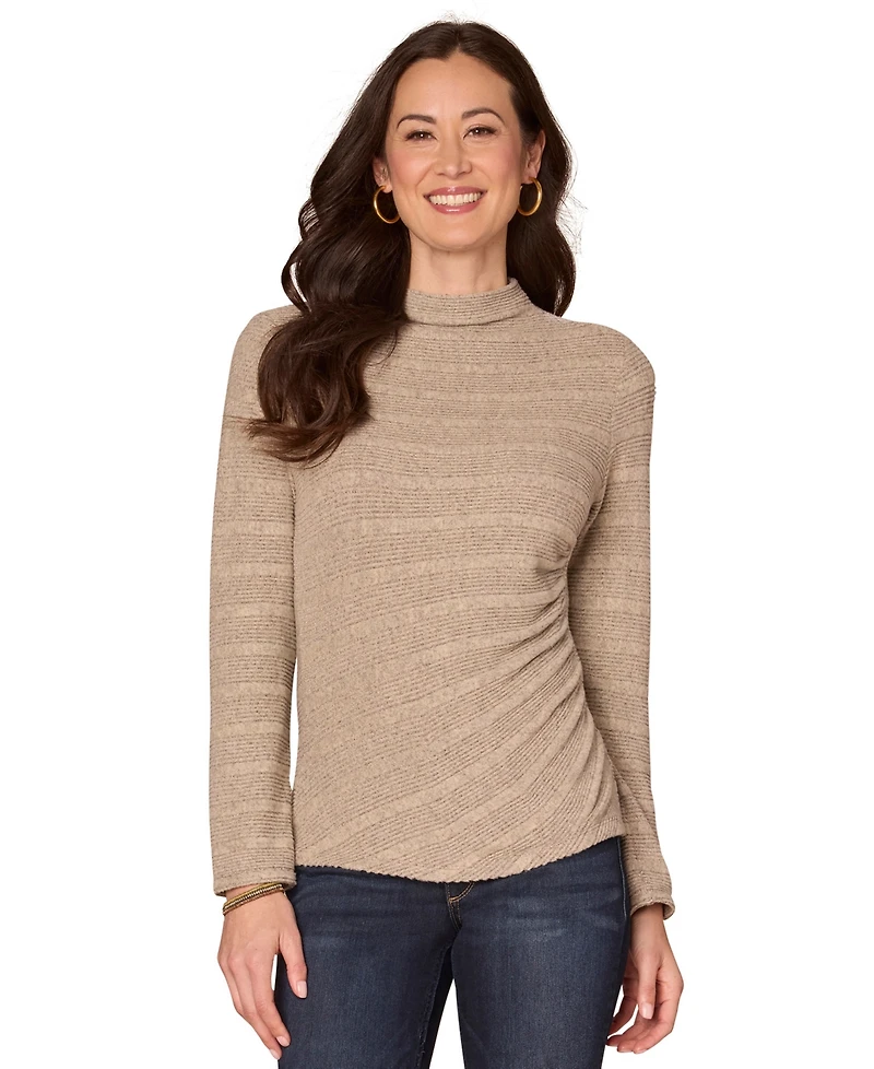 Democracy Petite Long Sleeve Mock Neck Side-Ruched Top