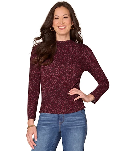 Democracy Petite Leopard-Print Mock Neck Top