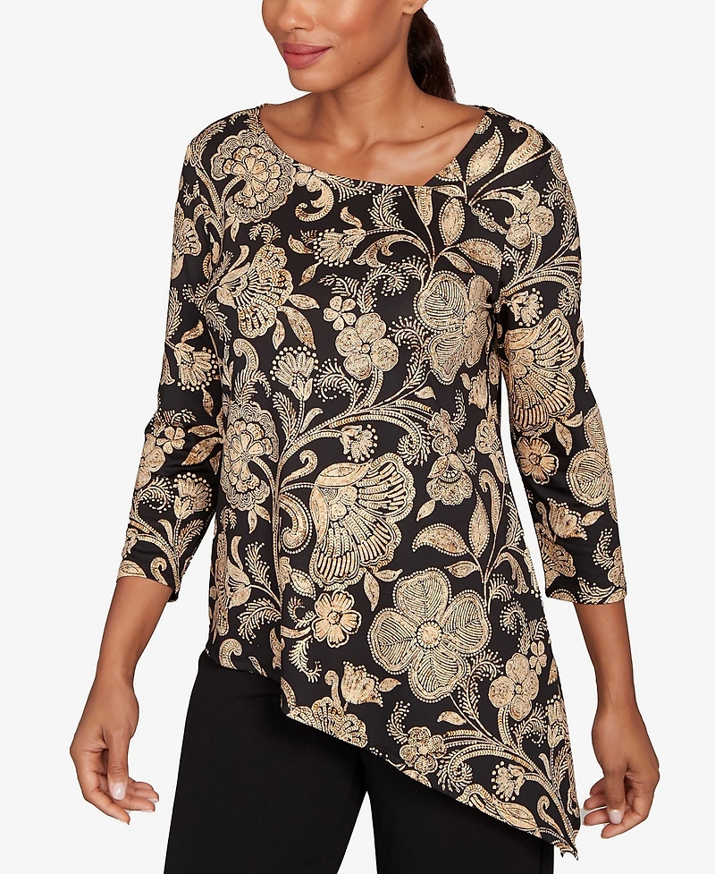 Ruby Rd. Petite Gold Foil Floral Printed Knit Top