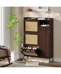 3 Tier Shoe Cabinet with Natural Rattan Flip Drawers for Entryway, Free Standing Shoe Storage Organizer with Adjustable Shelves,Dark Cherry