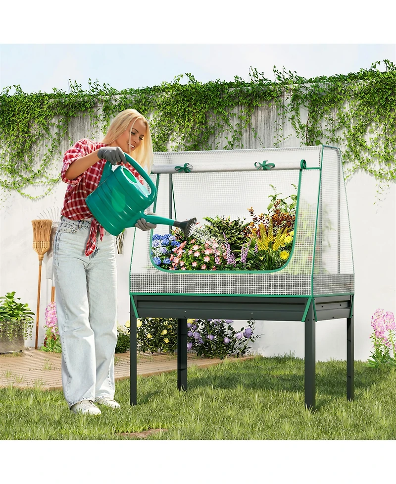 Gymax Raised Garden Bed w/ Cover & Legs Roll-up Window Climbing Trellis Drainage Holes