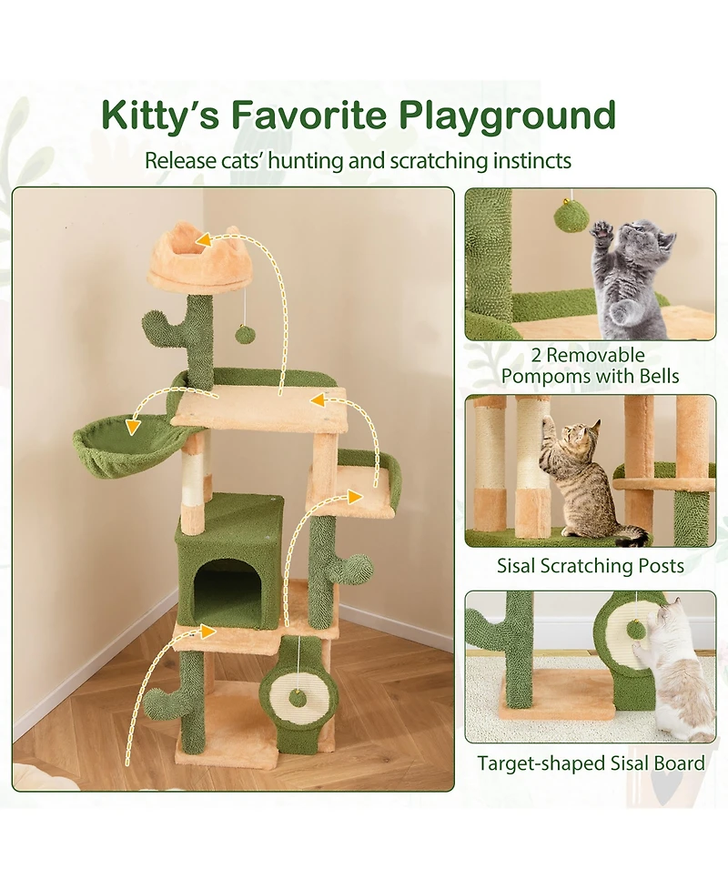 Gymax 63'' Cactus Cat Tree for Indoor Cats w/ Sisal Scratching Posts & Board Condo