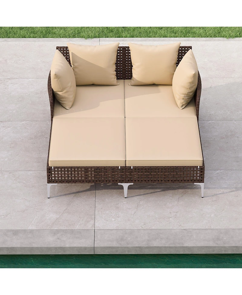 Gymax Outdoor Rattan Double Daybed Wicker Chaise Lounge for 2 w/ Seat & Back Cushions
