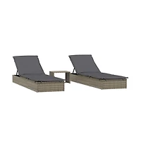 Patio Sunbed Set of 3 Gray Pe Rattan, Powder-Coated Steel Large
