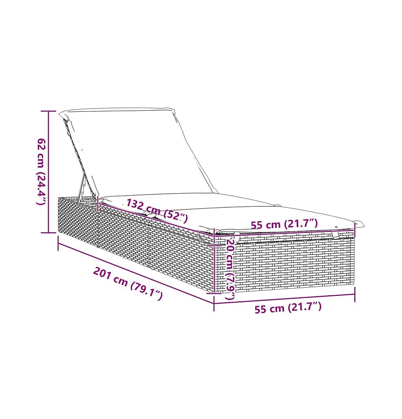 Sunbed Black Pe Rattan, Powder-Coated Steel, Polyester