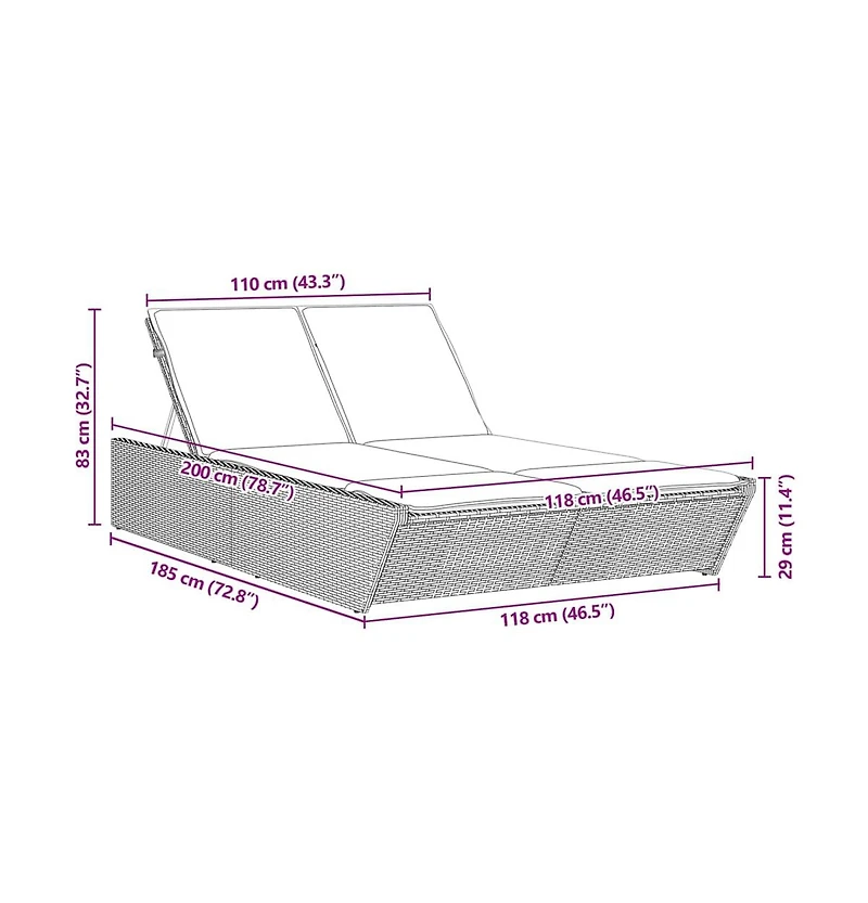 Patio Double Sun Lounger Gray Pe Rattan Double