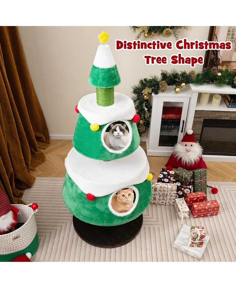 Gymax Christmas Cat Tree for Indoor Cats w/ 2 Condos Sisal Scratching Posts Spring Toy