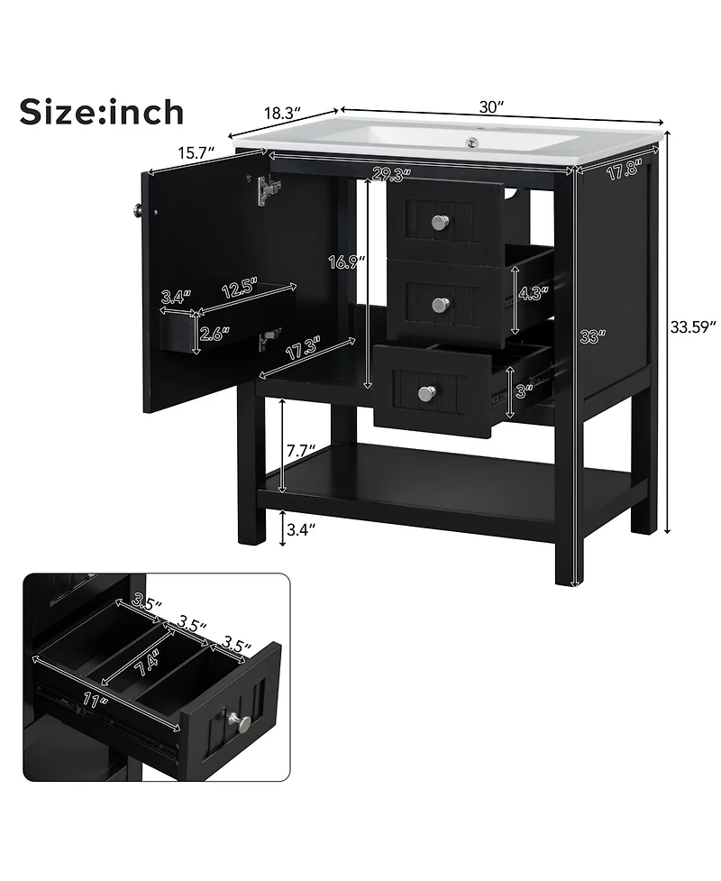 Lovmor 30inch Transitional Style Bathroom Vanity Cabinet Combo with Ceramic Sink Soft Close Door