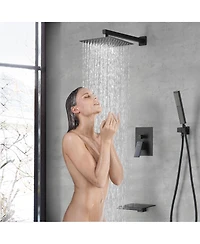 Rainsken Male Npt Waterfall Tub and Shower Faucet Set, 10-Inch Matte Black Rain Shower System, Black