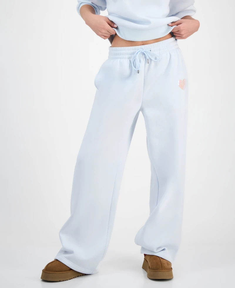 Madden Girl Juniors' Sequin Heart Wide-Leg Sweatpants