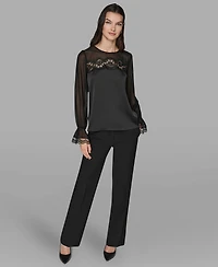Karl Lagerfeld Paris Women's Long Sleeve Lace Top