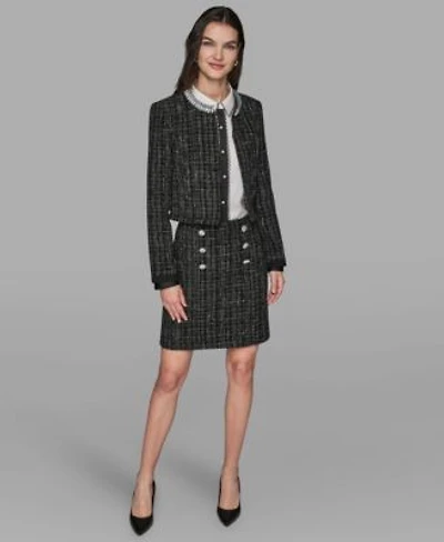 Karl Lagerfeld Paris Womens Round Neck Novelty Topper Jacket Color Block Long Sleeve Top Button Detail Mini Skirt