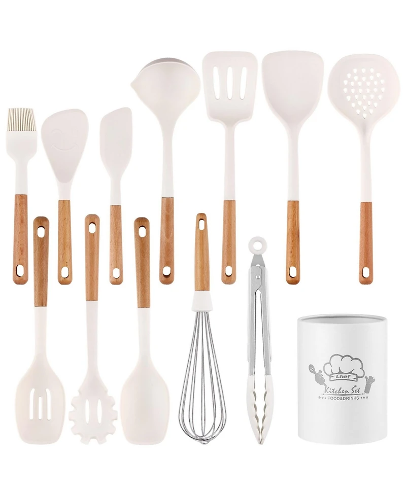 Sugift 13-Piece Silicone Kitchen Utensils with Wooden Handles Set