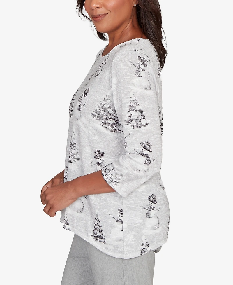 Alfred Dunner Petite Stockbridge Playful Snowmen Scene Knit Top