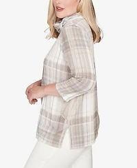 Alfred Dunner Petite Vienna Draped Cowl Neckline Plaid Knit Top