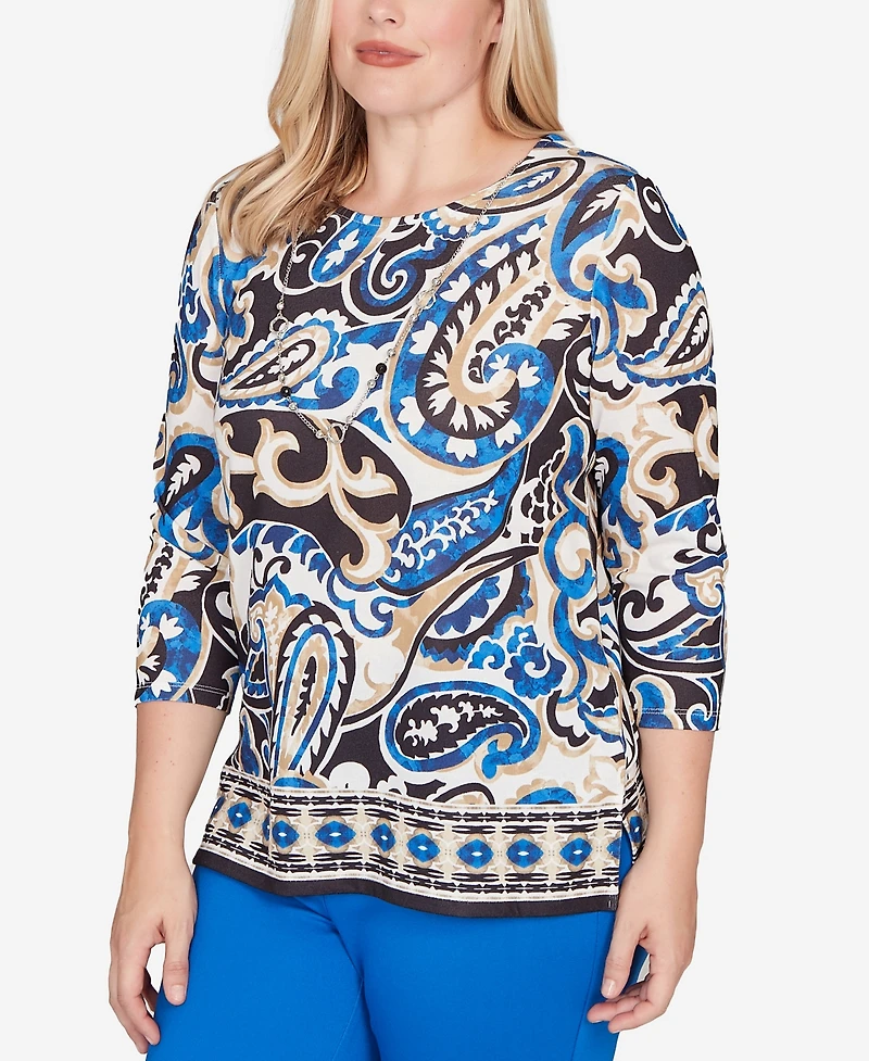 Alfred Dunner Petite Barcelona Paisley Knit Top With Necklace