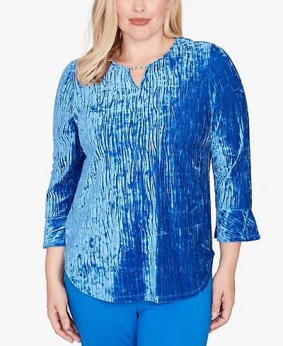 Alfred Dunner Petite Barcelona Crushed Velvet Keyhole Bell Sleeve Top