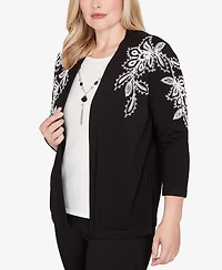 Alfred Dunner Petite Barcelona Floral Soutache Two One Sweater with Necklace