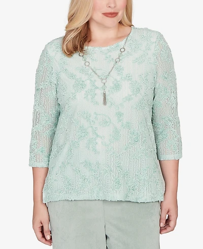 Alfred Dunner Petite Stockbridge Floral Velvet Soutache Mesh Top with Necklace