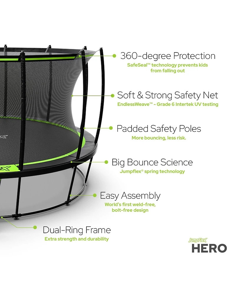 JumpFlex Hero 12' Trampoline for Kids Outdoor Play Equipment with Net & Ladder