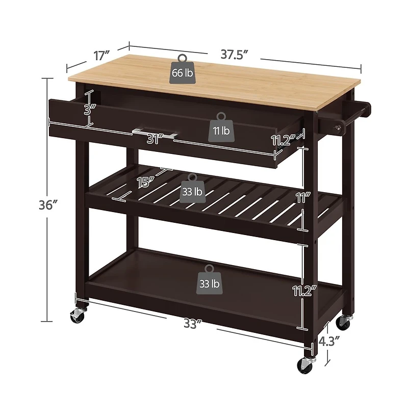 Rolling Kitchen Cart with Solid Wood Countertop Espresso