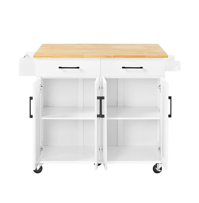 36” H Kitchen Island on Wheels with Solid Wood Tabletop White
