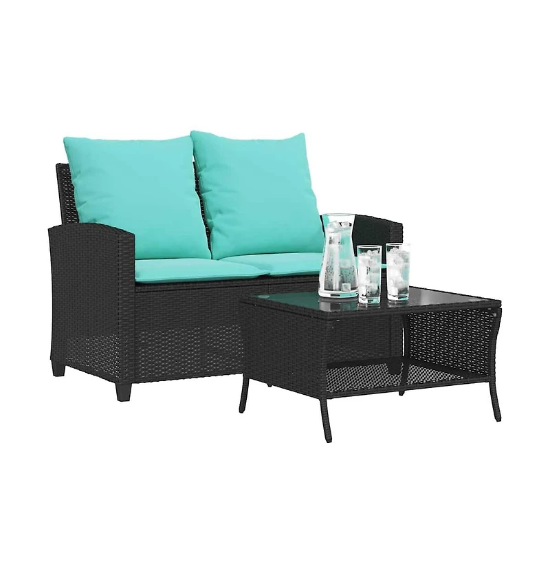 Patio Sofa 2-Seater with Cushions&Table Poly Rattan