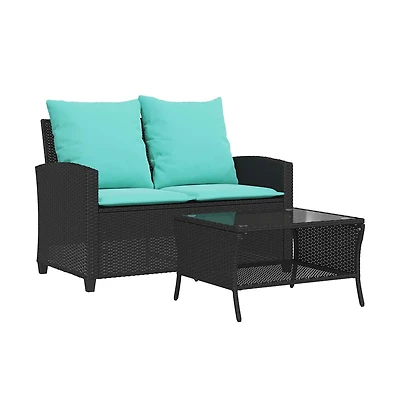 Patio Sofa 2-Seater with Cushions&Table Poly Rattan