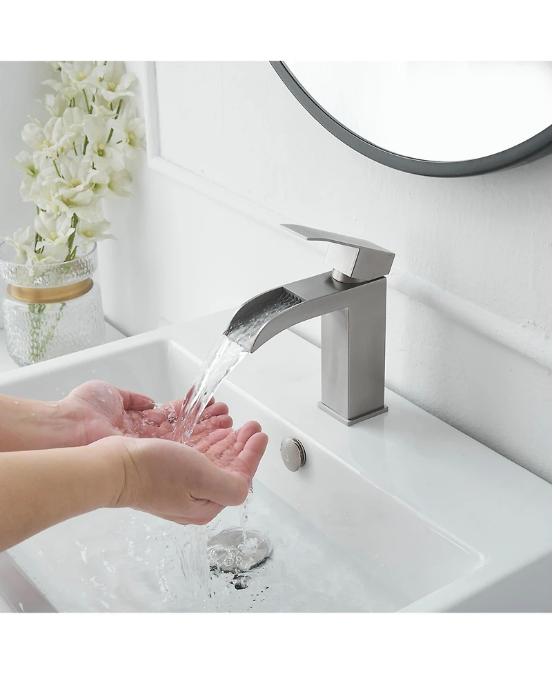 Waterfall Single Hole Single-Handle Low-Arc Bathroom Sink Faucet With Pop-up Drain Assembly In Brushed Nickel
