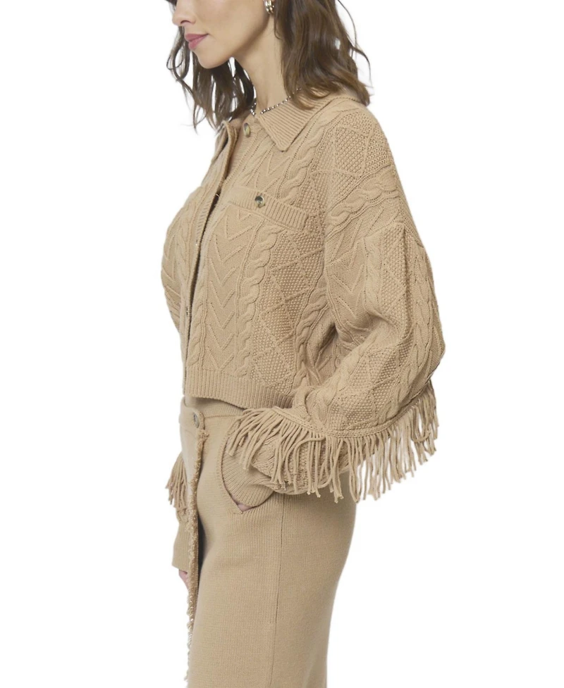 Central Park West Women's Elyse Cabled Fringe Sweater Cardigan